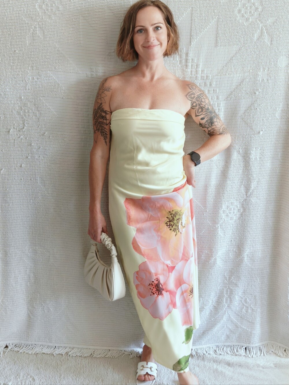 Thirty/Thirty LA Yellow Floral Satin Strapless Maxi Dress | Cowl Back | Size L